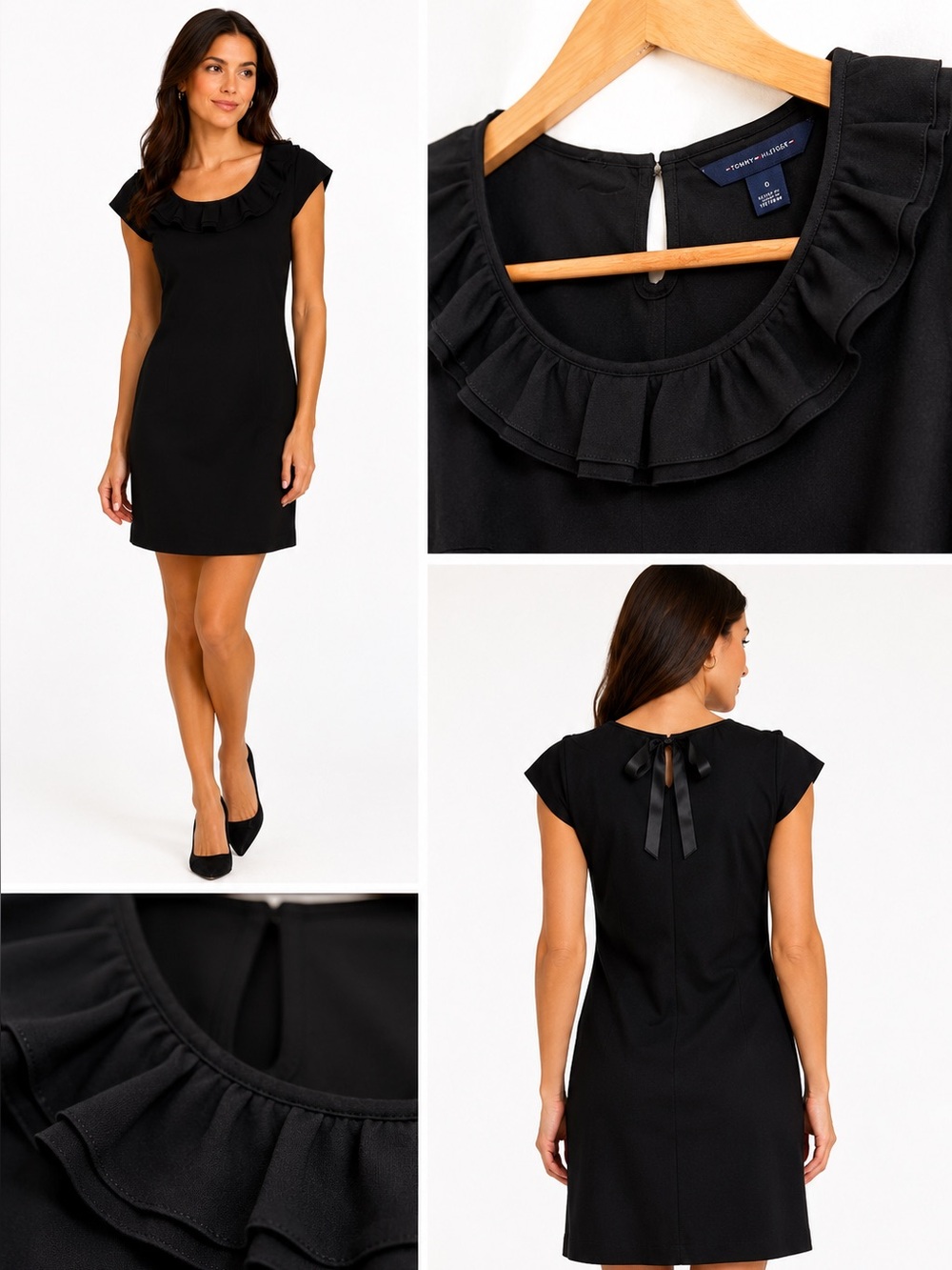 Tommy Hilfiger Black Ruffle Neck Sheath Dress Size 0 Little Black Dress Career